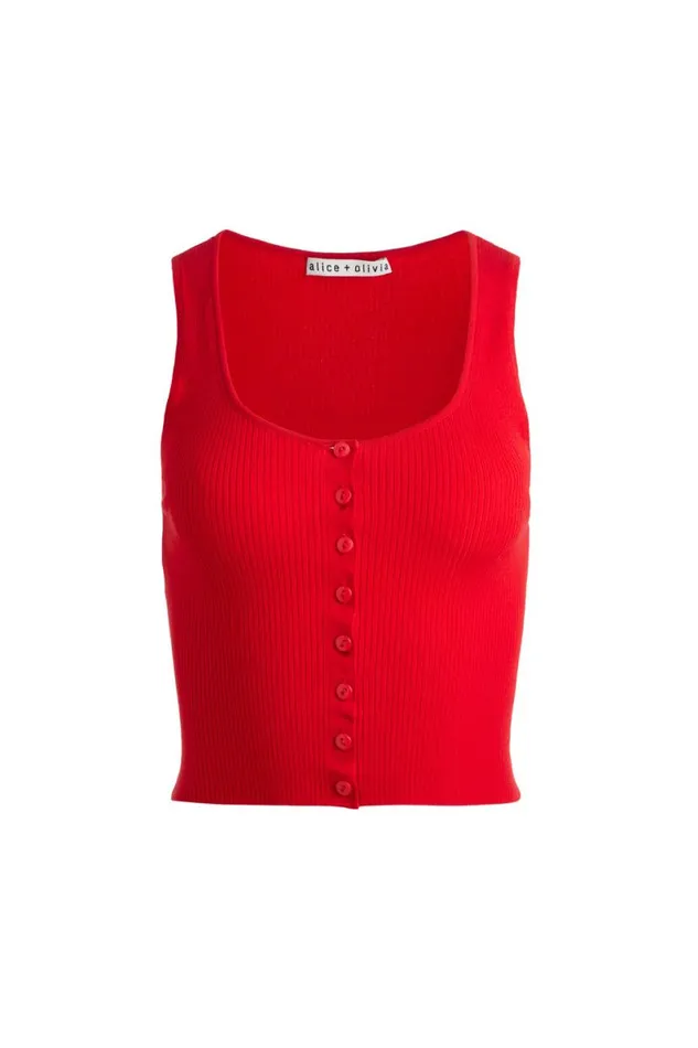 Alice Olivia Daryn Button Through Cropped Tank Red Apple Women Tops