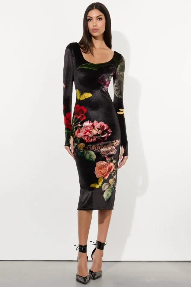 Alice Olivia Delora Velvet Midi Dress In The Wind Floral Women Dresses