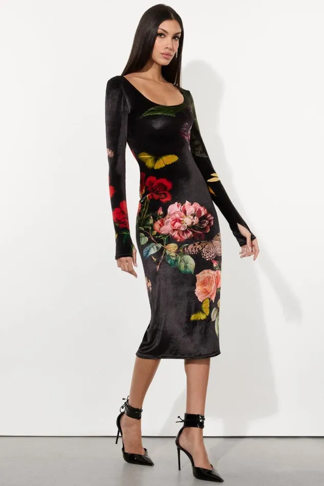 Alice Olivia Delora Velvet Midi Dress In The Wind Floral Women Dresses