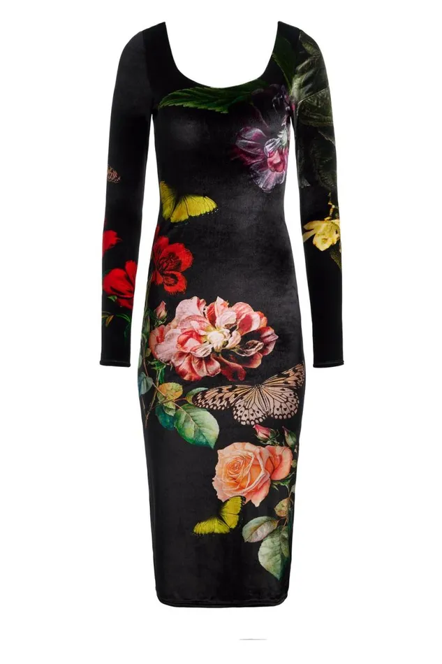 Alice Olivia Delora Velvet Midi Dress In The Wind Floral Women Dresses