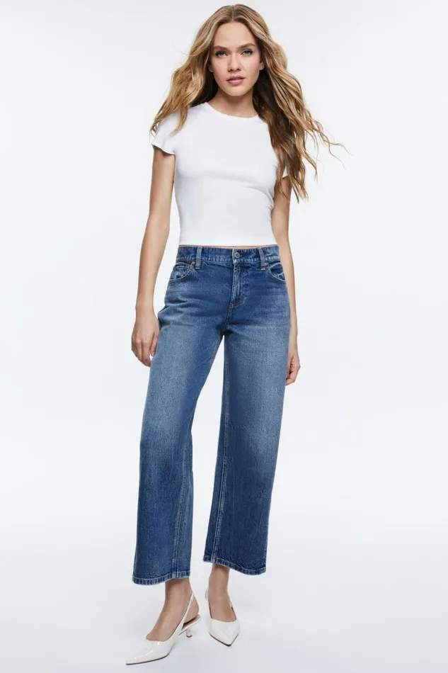Alice Olivia Ernie Cropped Low Rise Buckle Back Baggy Jean Brooklyn Blue Women Pants
