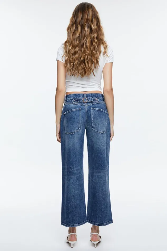 Alice Olivia Ernie Cropped Low Rise Buckle Back Baggy Jean Brooklyn Blue Women Pants