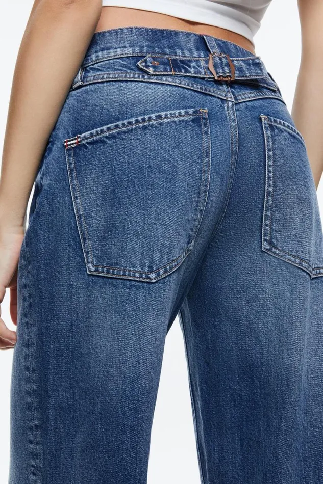 Alice Olivia Ernie Cropped Low Rise Buckle Back Baggy Jean Brooklyn Blue Women Pants