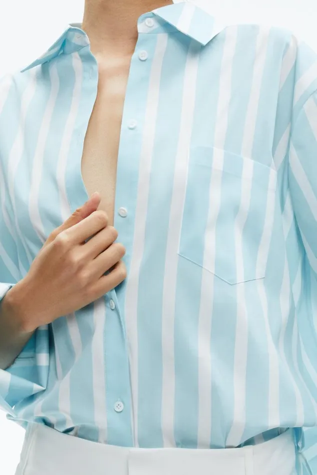 Alice Olivia Finely Oversized Long Button Down Shirt Dream Stripe Spring Sky Women Tops