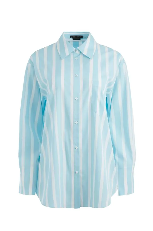 Alice Olivia Finely Oversized Long Button Down Shirt Dream Stripe Spring Sky Women Tops