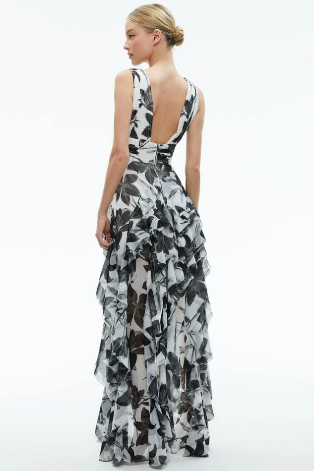 Alice Olivia Holly Low Neck Asymmetric Ruffled Maxi Dress Stargazer Off White Lg Women Dresses