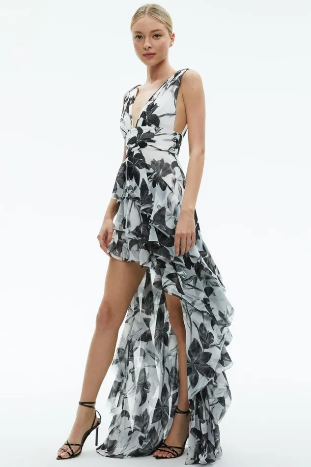 Alice Olivia Holly Low Neck Asymmetric Ruffled Maxi Dress Stargazer Off White Lg Women Dresses