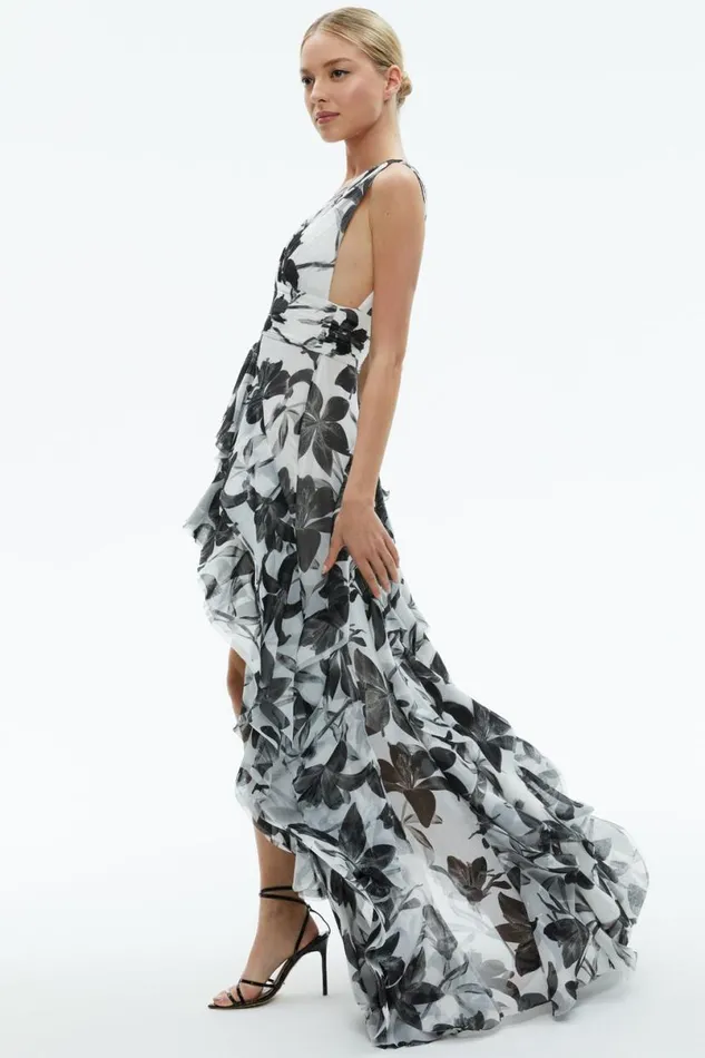 Alice Olivia Holly Low Neck Asymmetric Ruffled Maxi Dress Stargazer Off White Lg Women Dresses