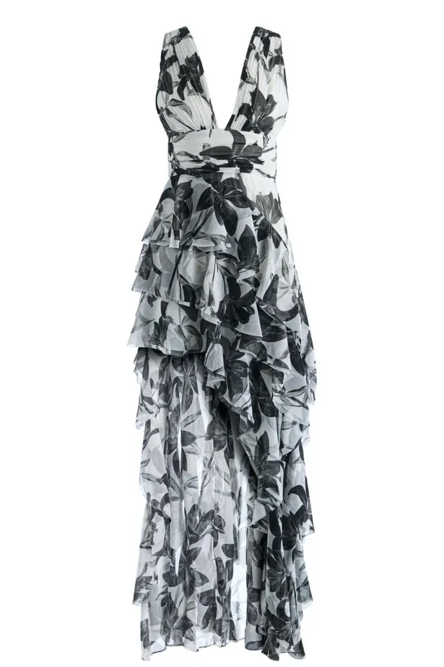 Alice Olivia Holly Low Neck Asymmetric Ruffled Maxi Dress Stargazer Off White Lg Women Dresses