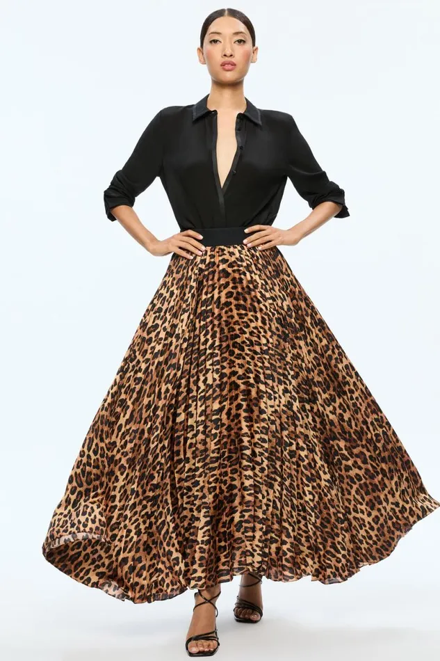 Alice Olivia Katz Maxi Pleated Skirt Spotted Leopard Dark Tan Women Skirts