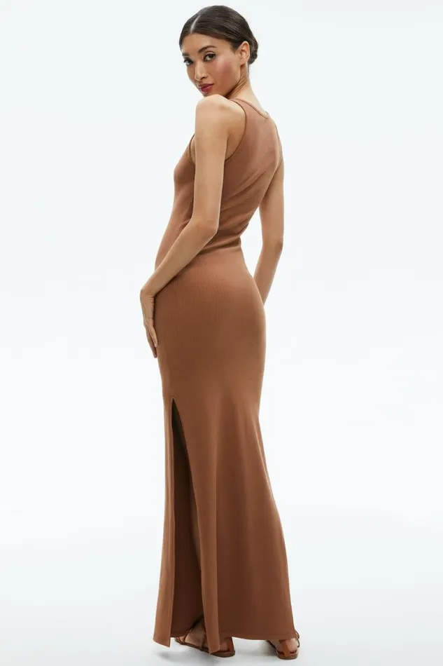 Alice Olivia Pania Racerback Ribbed Side Slit Maxi Dress Camel Women Dresses