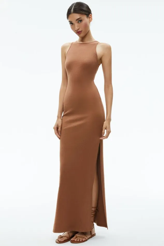 Alice Olivia Pania Racerback Ribbed Side Slit Maxi Dress Camel Women Dresses
