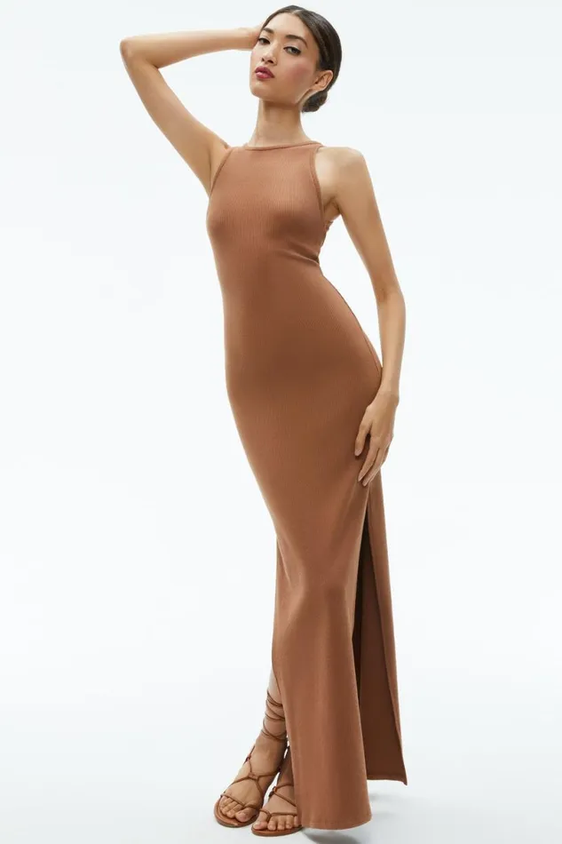 Alice Olivia Pania Racerback Ribbed Side Slit Maxi Dress Camel Women Dresses