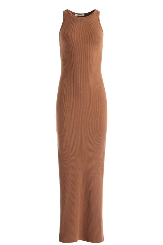 Alice Olivia Pania Racerback Ribbed Side Slit Maxi Dress Camel Women Dresses