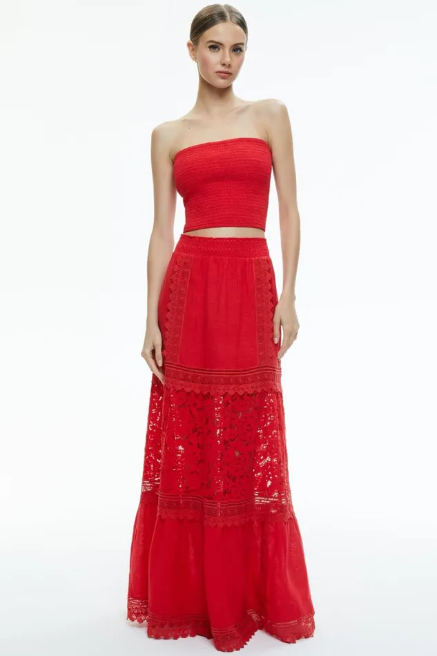 Alice Olivia Penelope Smocked Strapless Crop Top Bright Ruby Women Tops