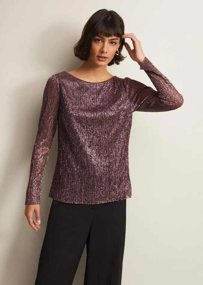 Alix Sparkly Plisse Top Rose Gold Women Phase Eight Tops and TShirts