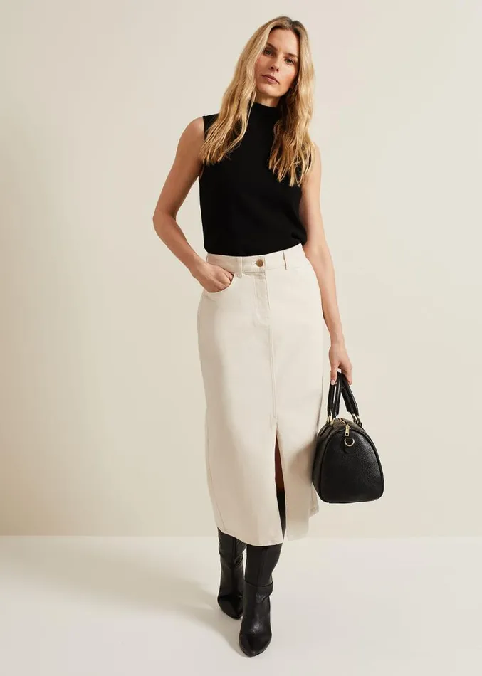 Amani Ecru Denim Midi Skirt Natural Women Phase Eight Skirts