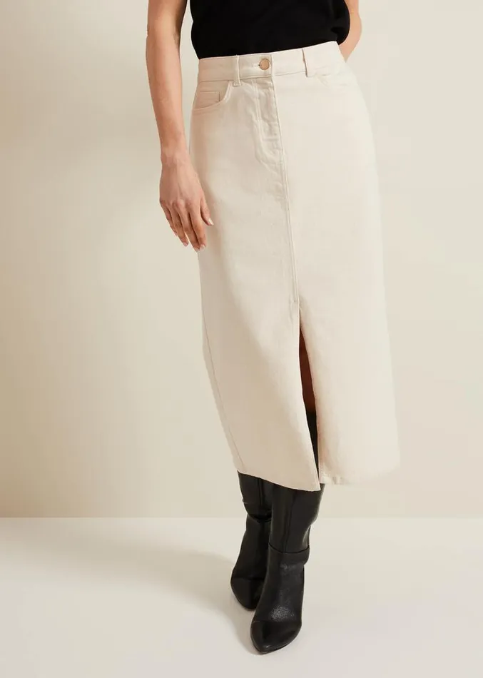 Amani Ecru Denim Midi Skirt Natural Women Phase Eight Skirts