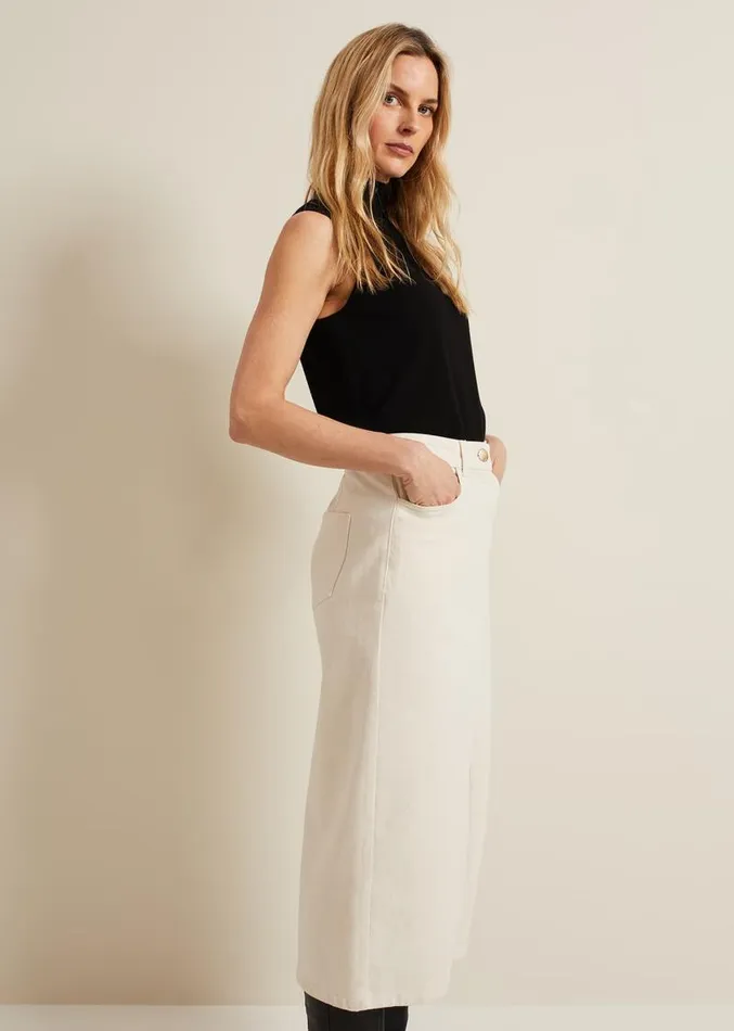 Amani Ecru Denim Midi Skirt Natural Women Phase Eight Skirts