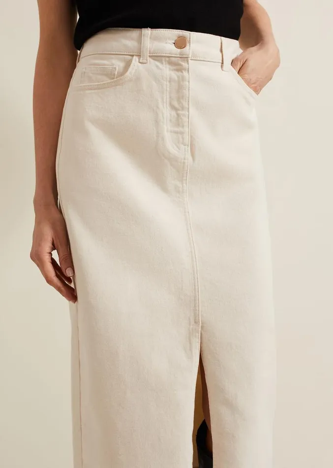 Amani Ecru Denim Midi Skirt Natural Women Phase Eight Skirts