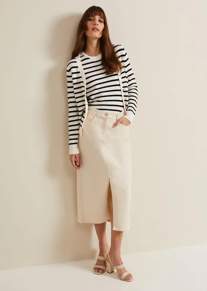 Amani Ecru Denim Midi Skirt Natural Women Phase Eight Skirts