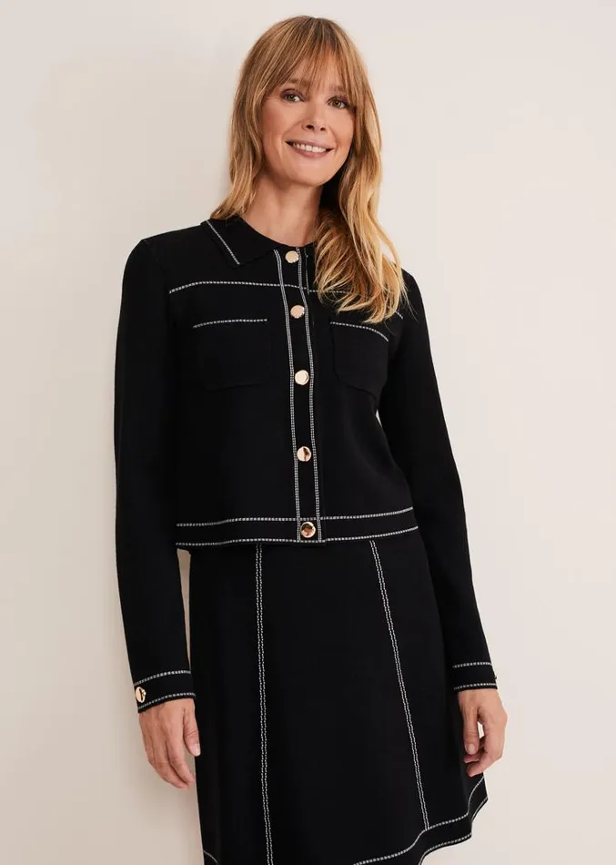 Amaya Contrast Stitch Knit Jacket Black Women Phase Eight Jackets