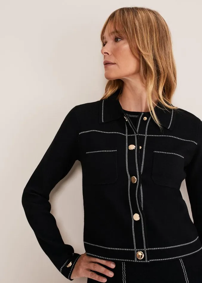 Amaya Contrast Stitch Knit Jacket Black Women Phase Eight Jackets