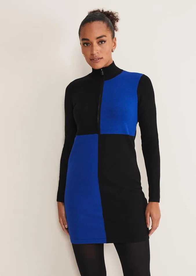Arden Zip Detail Colour Block Knit Dress Cobaltblack Women Phase Eight Dresses