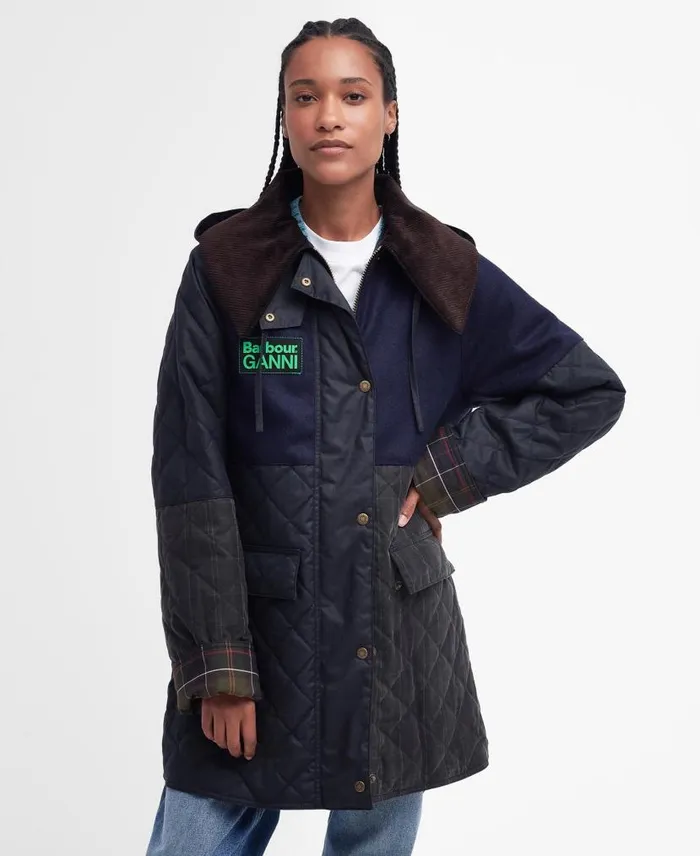 Barbour X GANNI Short Burghley Quilted Wax Jacket Archive Olivetanolive Women Barbour Waxed Jackets