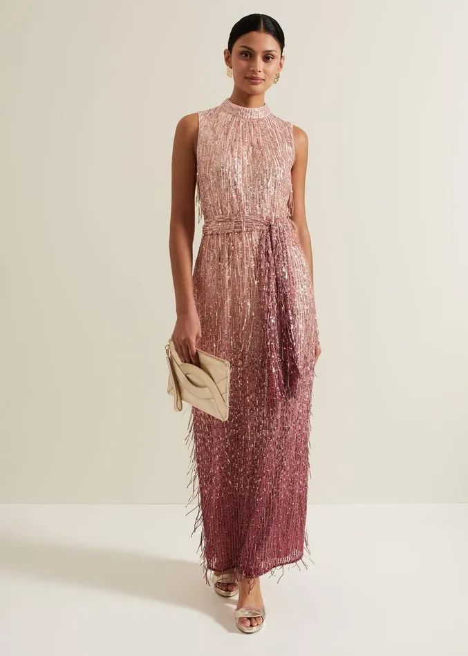 Becka Fringe Sequin Maxi Dress Pink Women Phase Eight Dresses