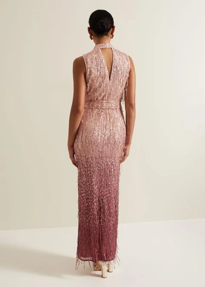 Becka Fringe Sequin Maxi Dress Pink Women Phase Eight Dresses