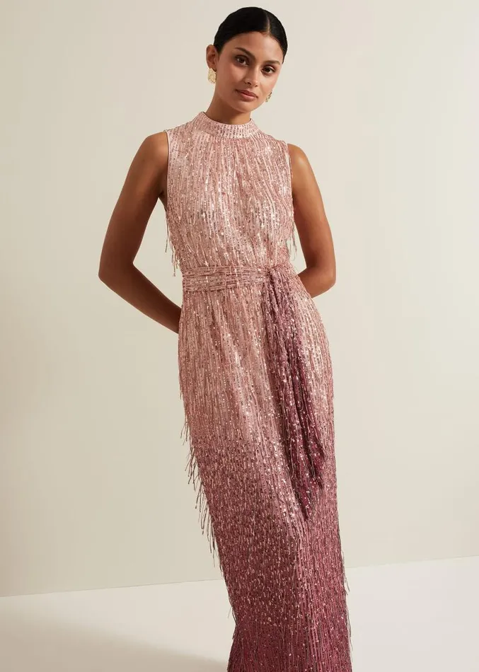 Becka Fringe Sequin Maxi Dress Pink Women Phase Eight Dresses