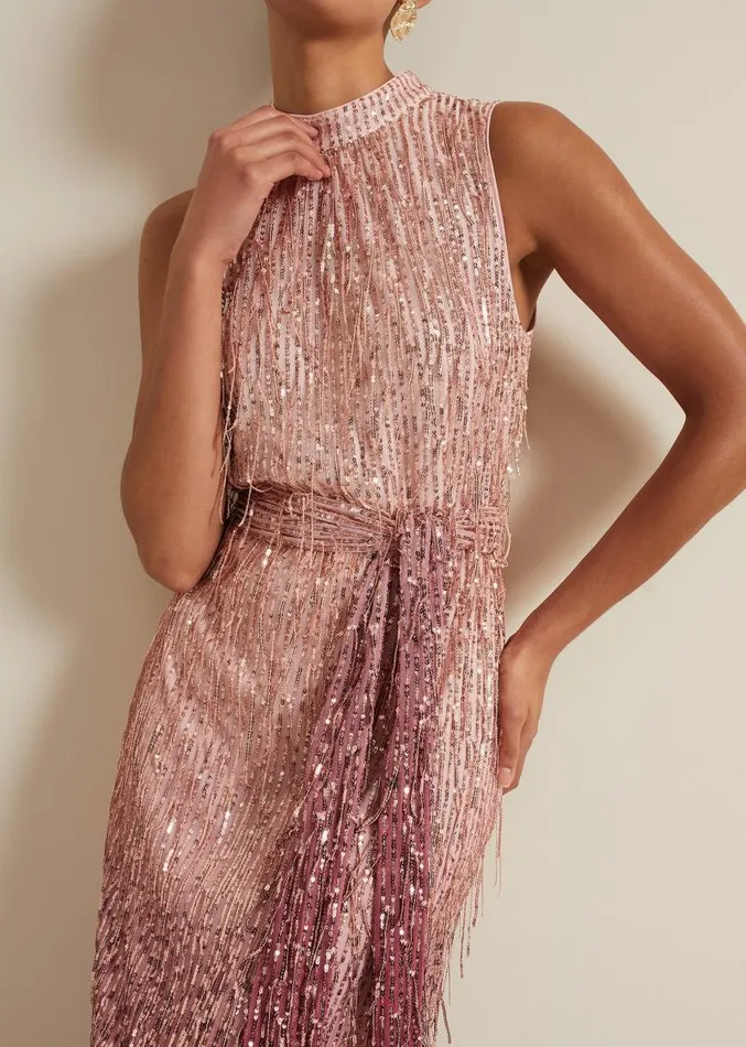 Becka Fringe Sequin Maxi Dress Pink Women Phase Eight Dresses