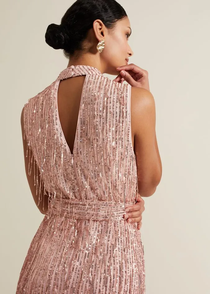 Becka Fringe Sequin Maxi Dress Pink Women Phase Eight Dresses