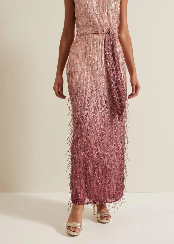 Becka Fringe Sequin Maxi Dress Pink Women Phase Eight Dresses