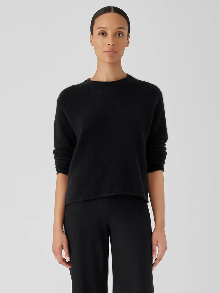 Cashmere Silk Bliss Crew Neck Top Black Women Eileen Fisher Sweaters and Cardigans