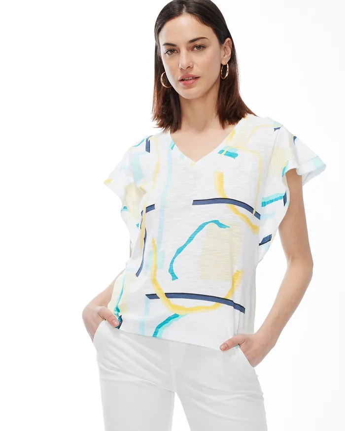 Chico039s Abstract Ruffle Sleeve Slub Tee Agua Azul Women Tops