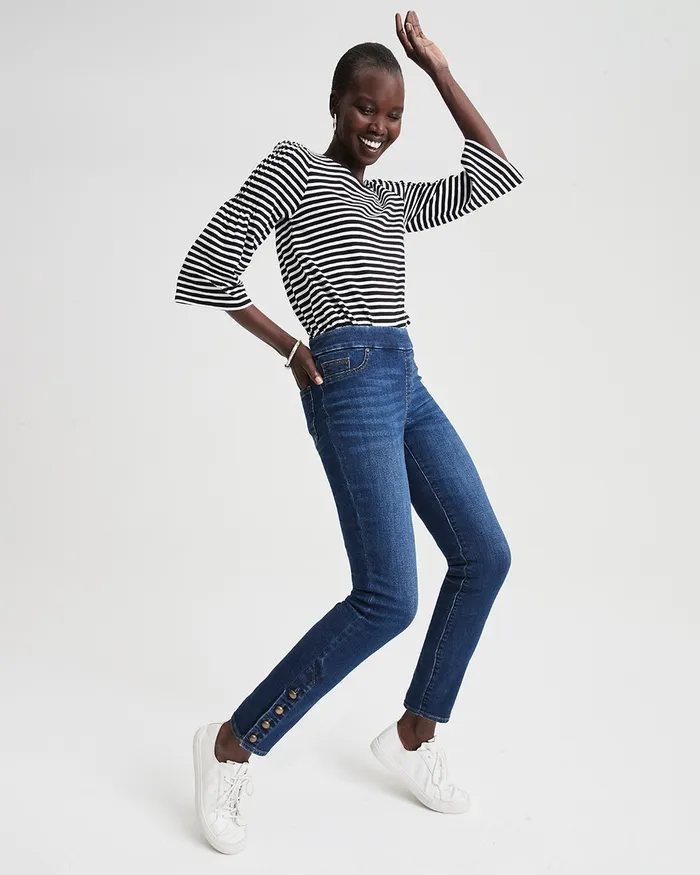 Chico039s Button Hem Pullon Ankle Jeggings Calista Indigo Women Jeans and Denim