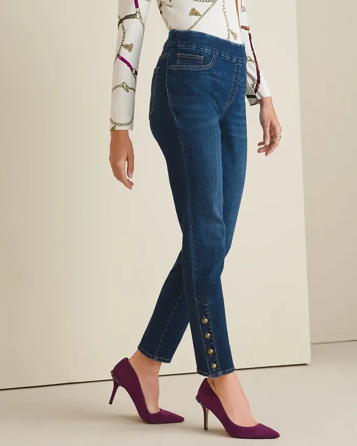 Chico039s Button Hem Pullon Ankle Jeggings Calista Indigo Women Jeans and Denim