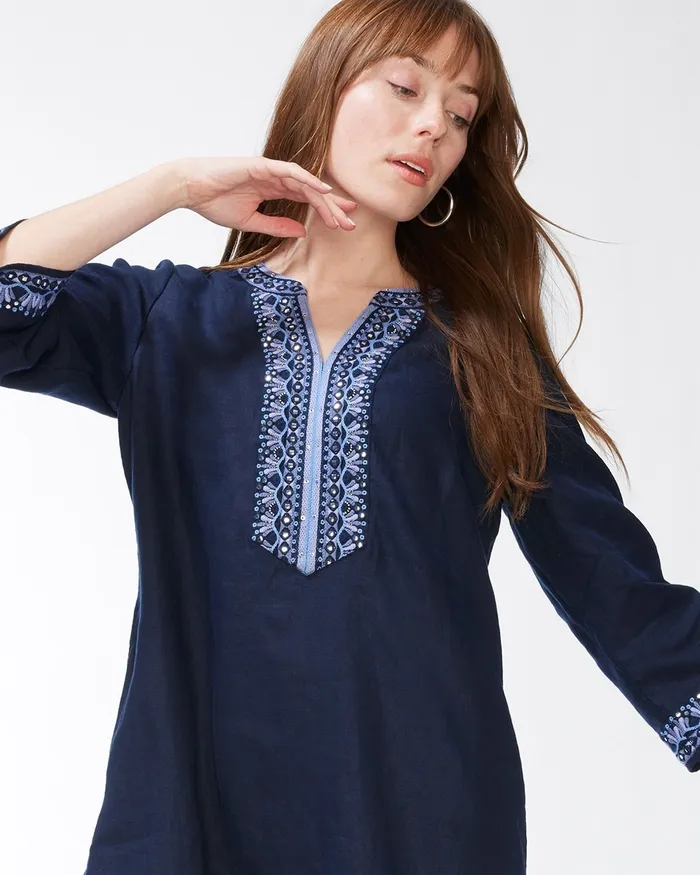 Chico039s Embellished Beaded Linen Dress Classic Navy Women Dresses and Skirts
