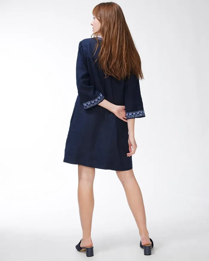 Chico039s Embellished Beaded Linen Dress Classic Navy Women Dresses and Skirts