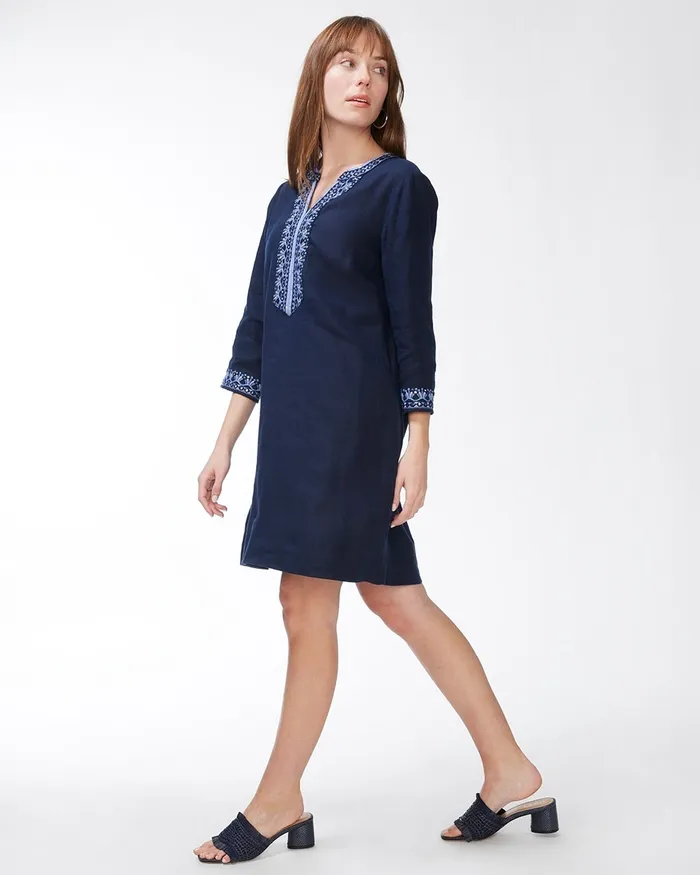 Chico039s Embellished Beaded Linen Dress Classic Navy Women Dresses and Skirts