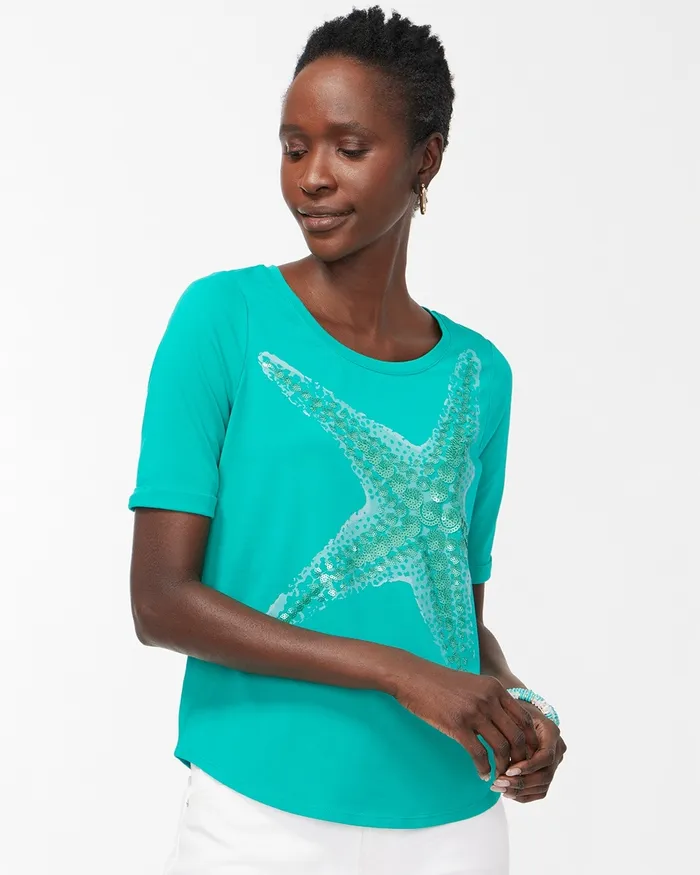Chico039s Embellished Starfish Tee Tropical Jade Women Tees