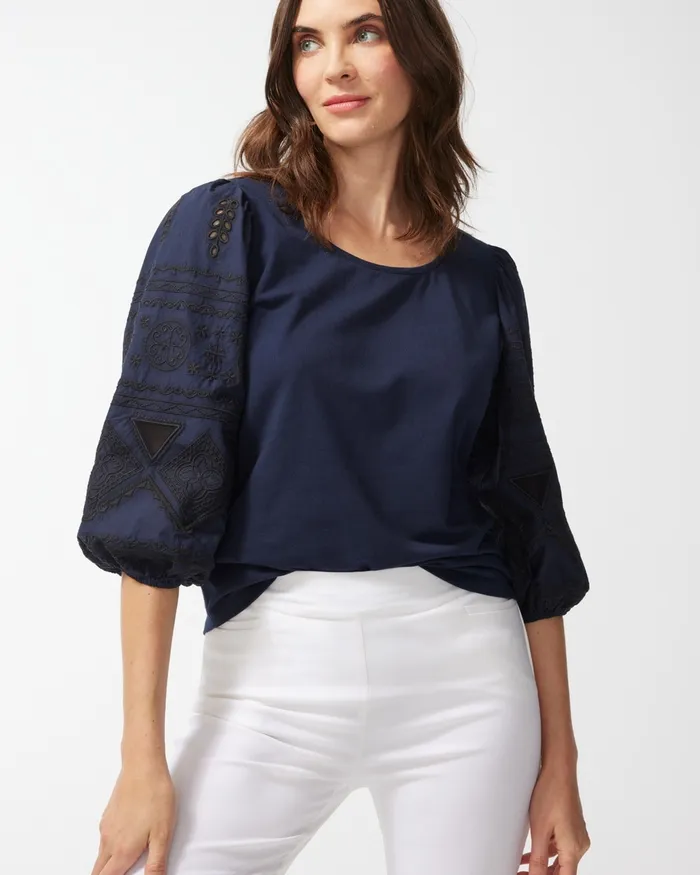 Chico039s Embroidered Puff Sleeve Top Classic Navy Women Tees