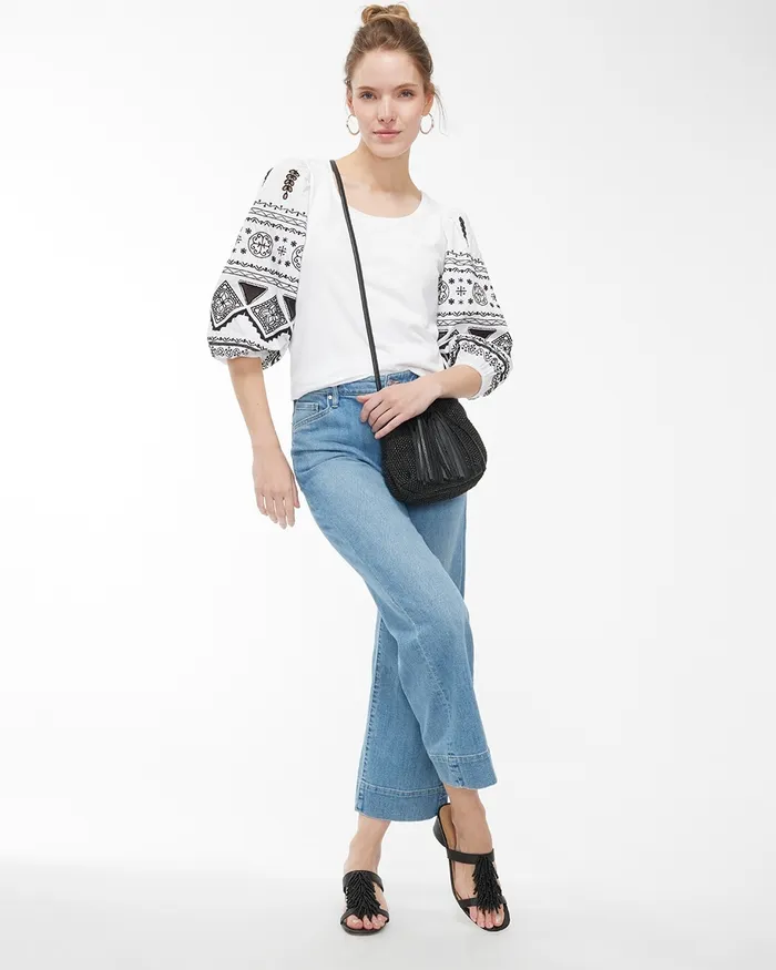 Chico039s Embroidered Puff Sleeve Top Classic Navy Women Tees