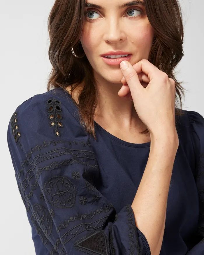 Chico039s Embroidered Puff Sleeve Top Classic Navy Women Tees