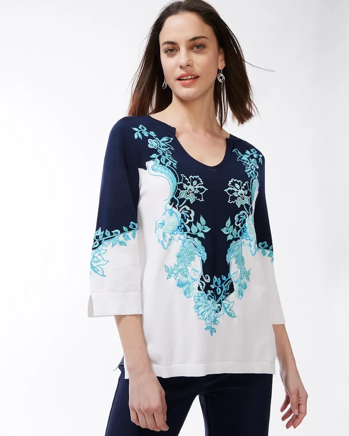Chico039s Embroidered Pullover Kurta Classic Navy Women Sweaters
