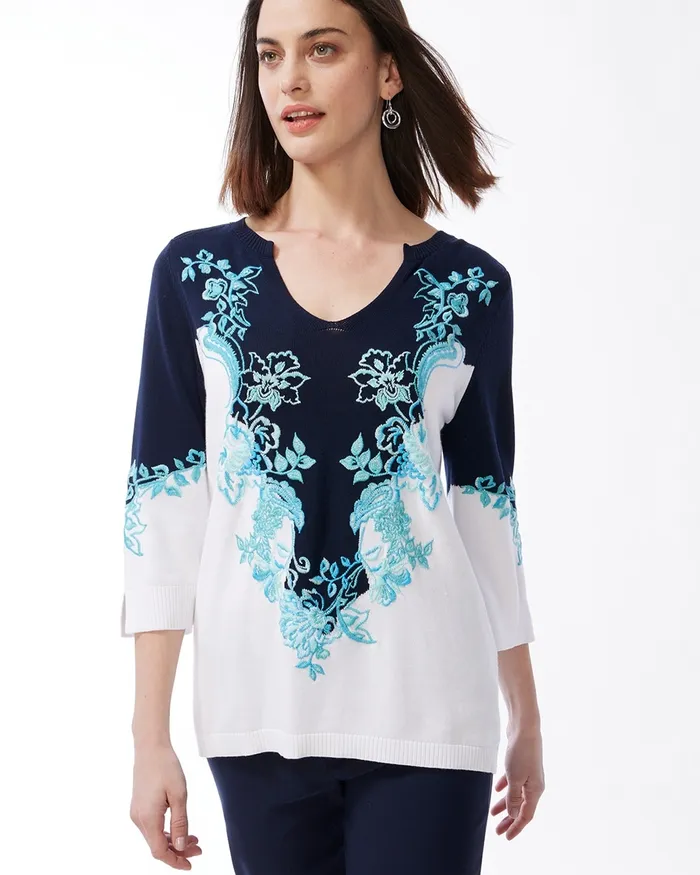 Chico039s Embroidered Pullover Kurta Classic Navy Women Sweaters