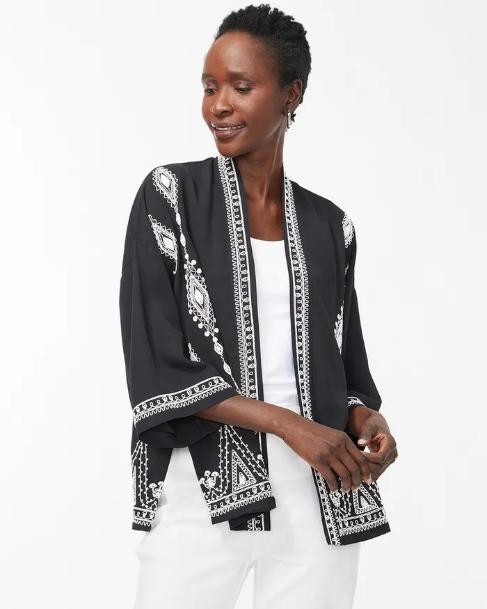 Chico039s Embroidered Short Kimono Black Women Tops