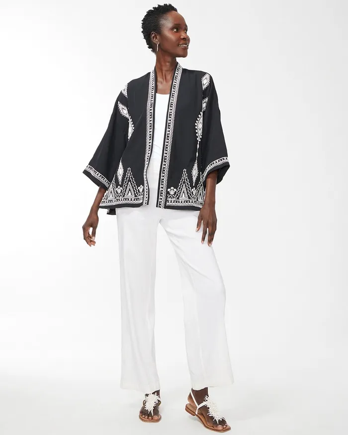 Chico039s Embroidered Short Kimono Black Women Tops